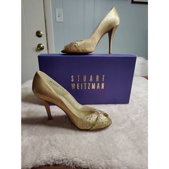 Stuart Weitzman gold satin rhinestone open toe pumps, size 6 medium - Picture 1 of 7